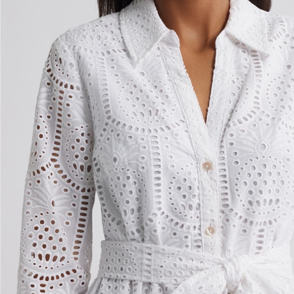 NWT Lilly Pulitzer White Eyelet Midi Shirt Dress Belted Long Sleeve SZ 4 - Picture 5 of 8